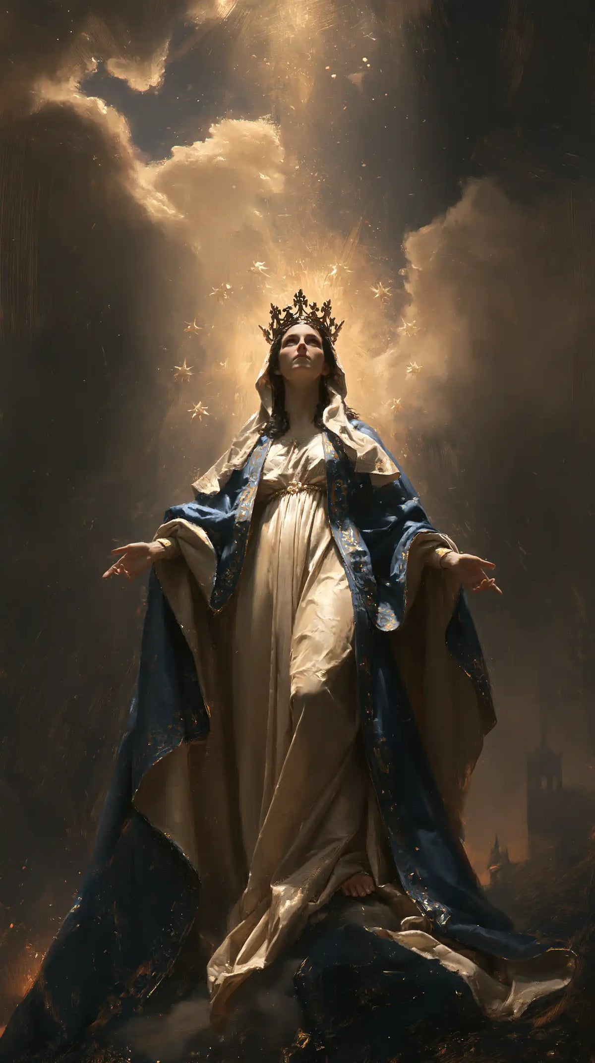 Mary as Queen of Heaven surrounded by divine light in Mary as Divine Light style, portrait Christian artwork no. 5