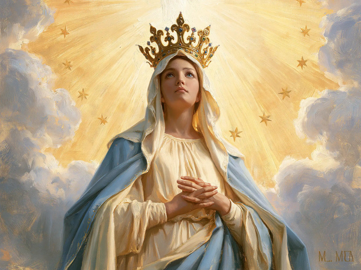 Mary as Queen of Heaven before heavenly light in Mary before Heavenly Light style, landscape Christian artwork no. 4