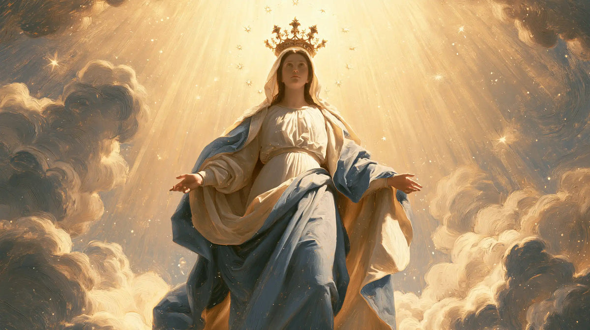 Mary as Queen of Heaven before heavenly light in Mary before Heavenly Light style, landscape Christian artwork no. 6