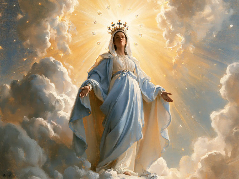 Mary as Queen of Heaven before heavenly light in Mary before Heavenly Light style, landscape Christian artwork no. 9