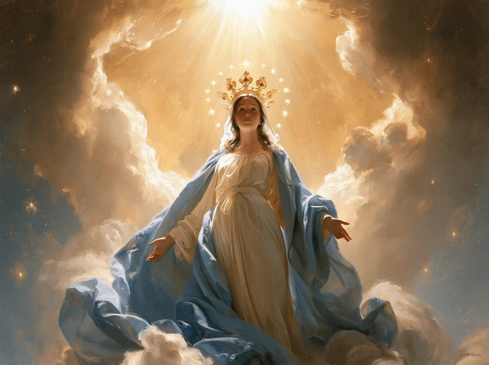 Mary as Queen of Heaven before heavenly light in Mary before Heavenly Light style, landscape Christian artwork no. 10