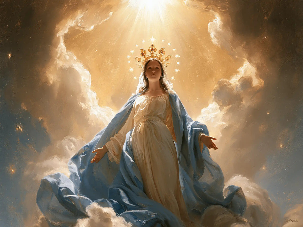 Mary as Queen of Heaven before heavenly light in Mary before Heavenly Light style, landscape Christian artwork no. 10