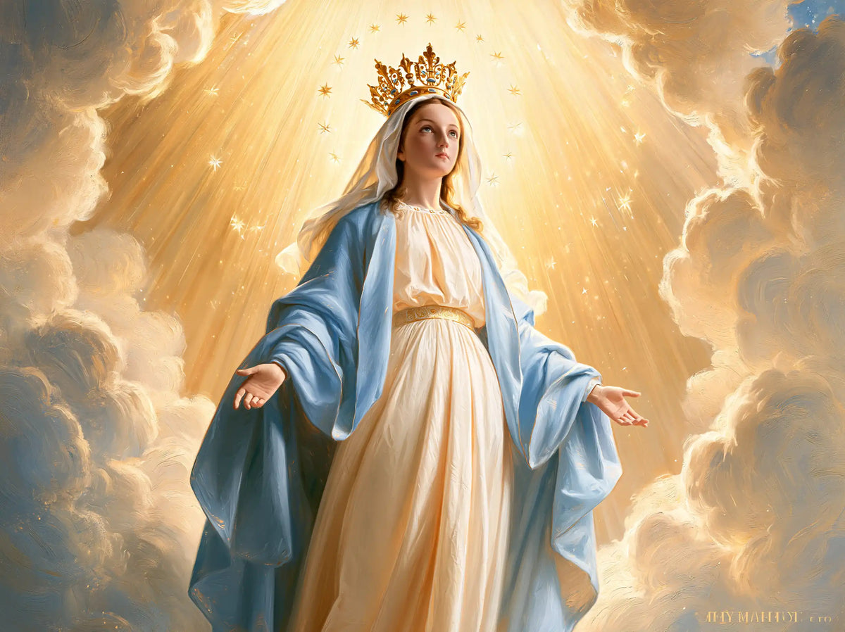 Mary as Queen of Heaven before heavenly light in Mary before Heavenly Light style, landscape Christian artwork no. 12