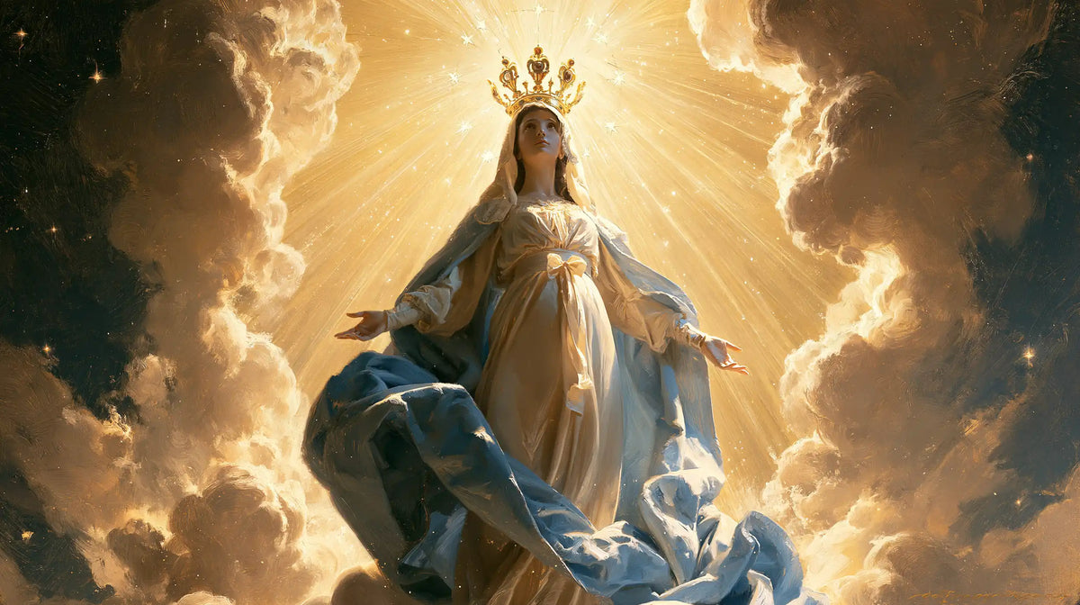 Mary as Queen of Heaven before heavenly light in Mary before Heavenly Light style, landscape Christian artwork no. 13