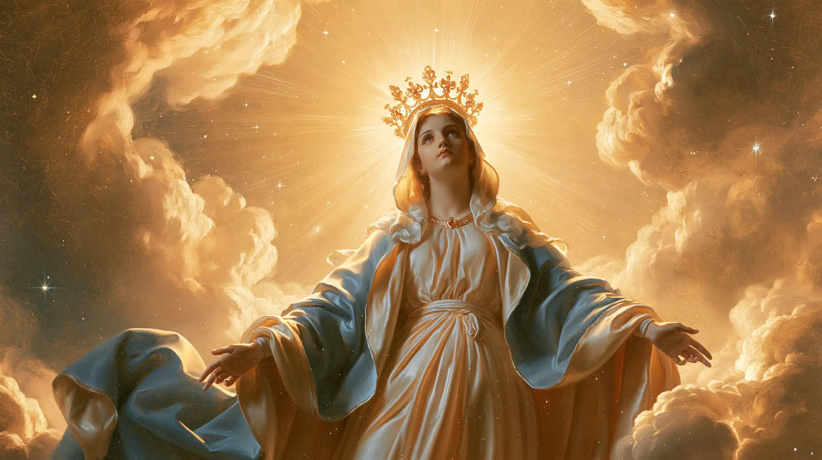 Mary as Queen of Heaven before heavenly light in Mary before Heavenly Light style, landscape Christian artwork no. 15
