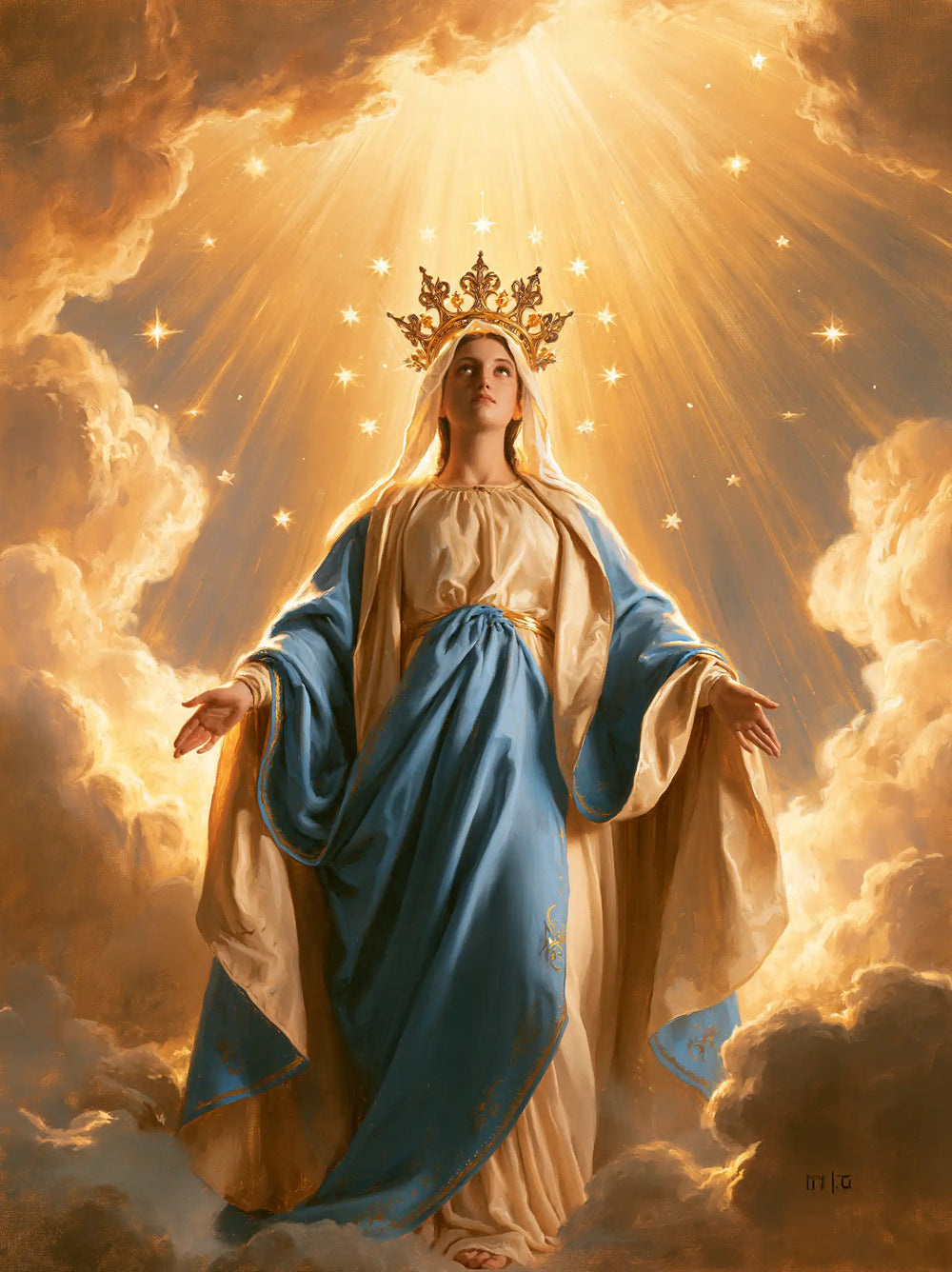 Mary as Queen of Heaven before heavenly light in Mary before Heavenly Light style, portrait Christian artwork no. 4