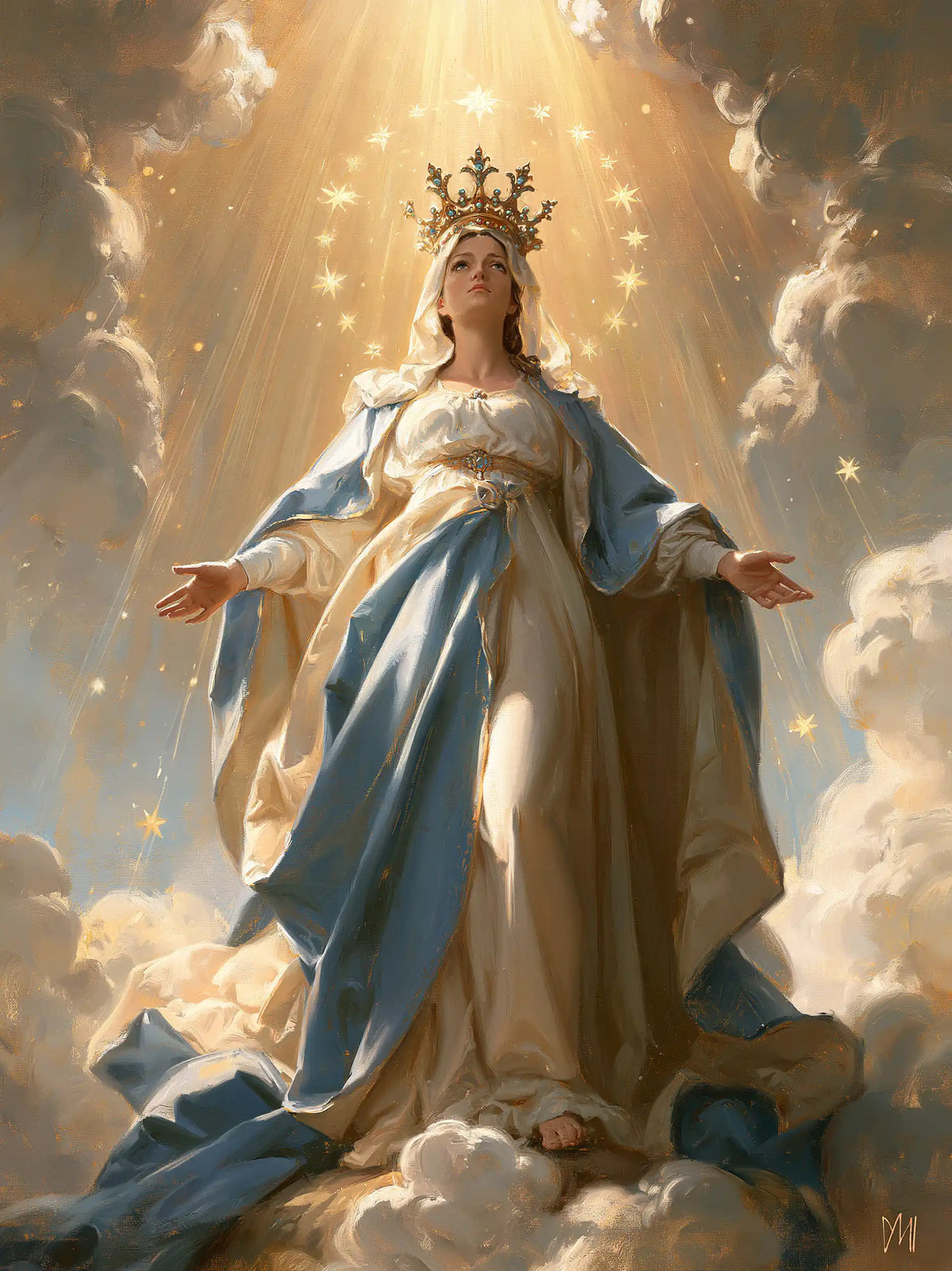 Mary as Queen of Heaven before heavenly light in Mary before Heavenly Light style, portrait Christian artwork no. 7
