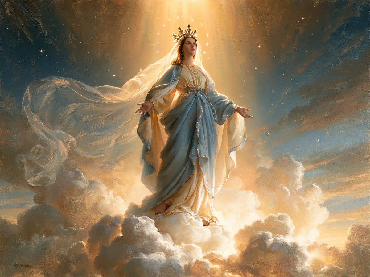 Mary as Queen of Heaven upon the clouds in Mary upon the Clouds style, landscape Christian artwork no. 5