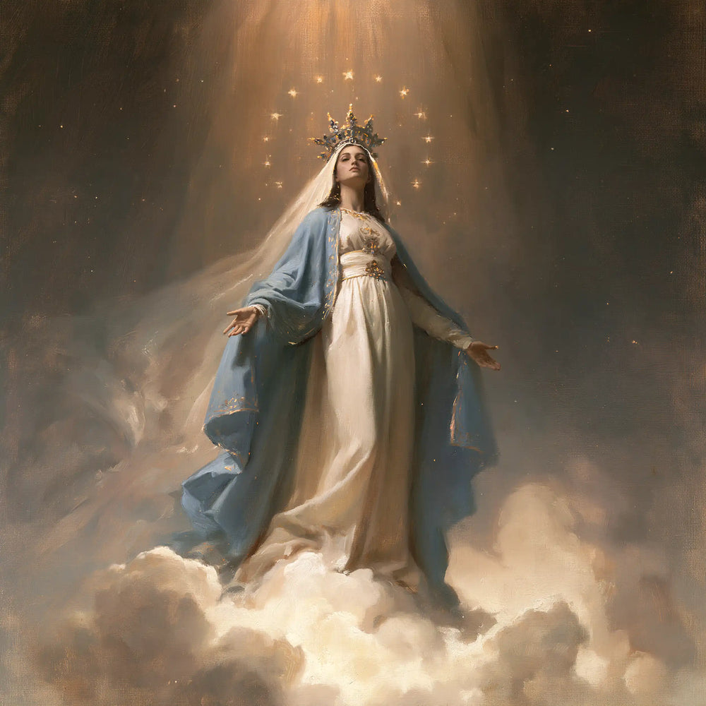 Mary as Queen of Heaven upon the clouds in Mary upon the Clouds style, square Christian artwork no. 1