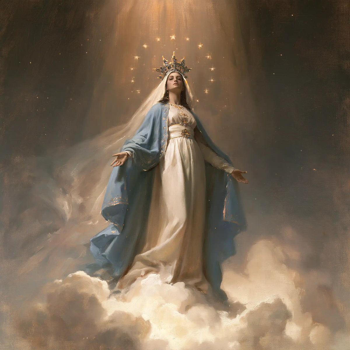 Mary as Queen of Heaven upon the clouds in Mary upon the Clouds style, square Christian artwork no. 1