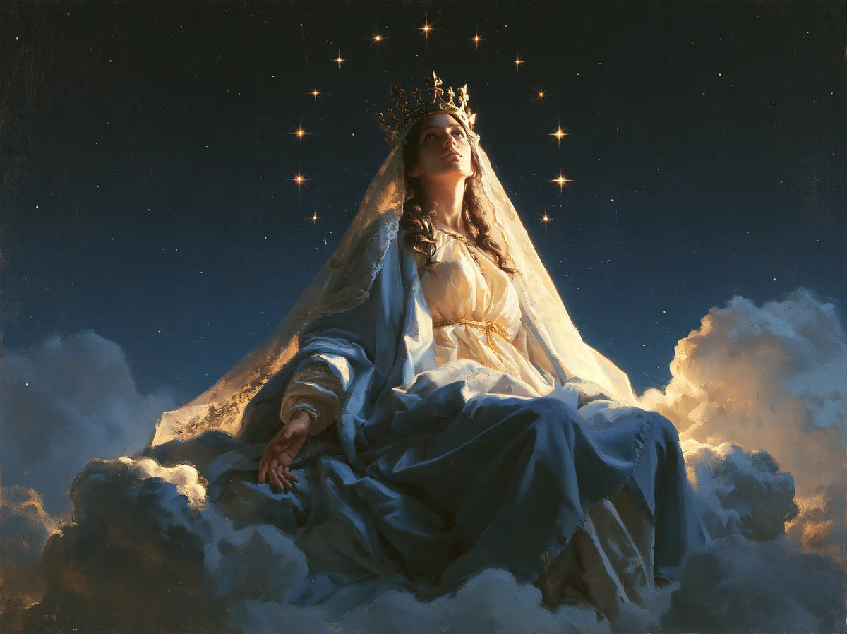 Mary as Queen of Heaven in midnight-blue chiaroscuro in Midnight Blue Chiaroscuro style, landscape Christian artwork no. 9