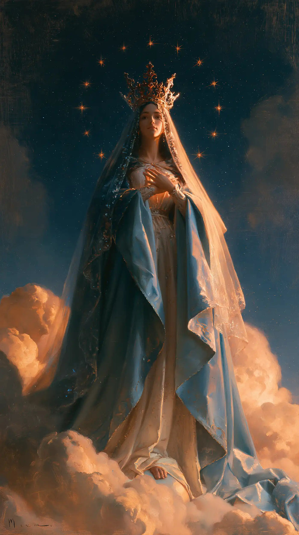 Mary as Queen of Heaven in midnight-blue chiaroscuro in Midnight Blue Chiaroscuro style, portrait Christian artwork no. 1