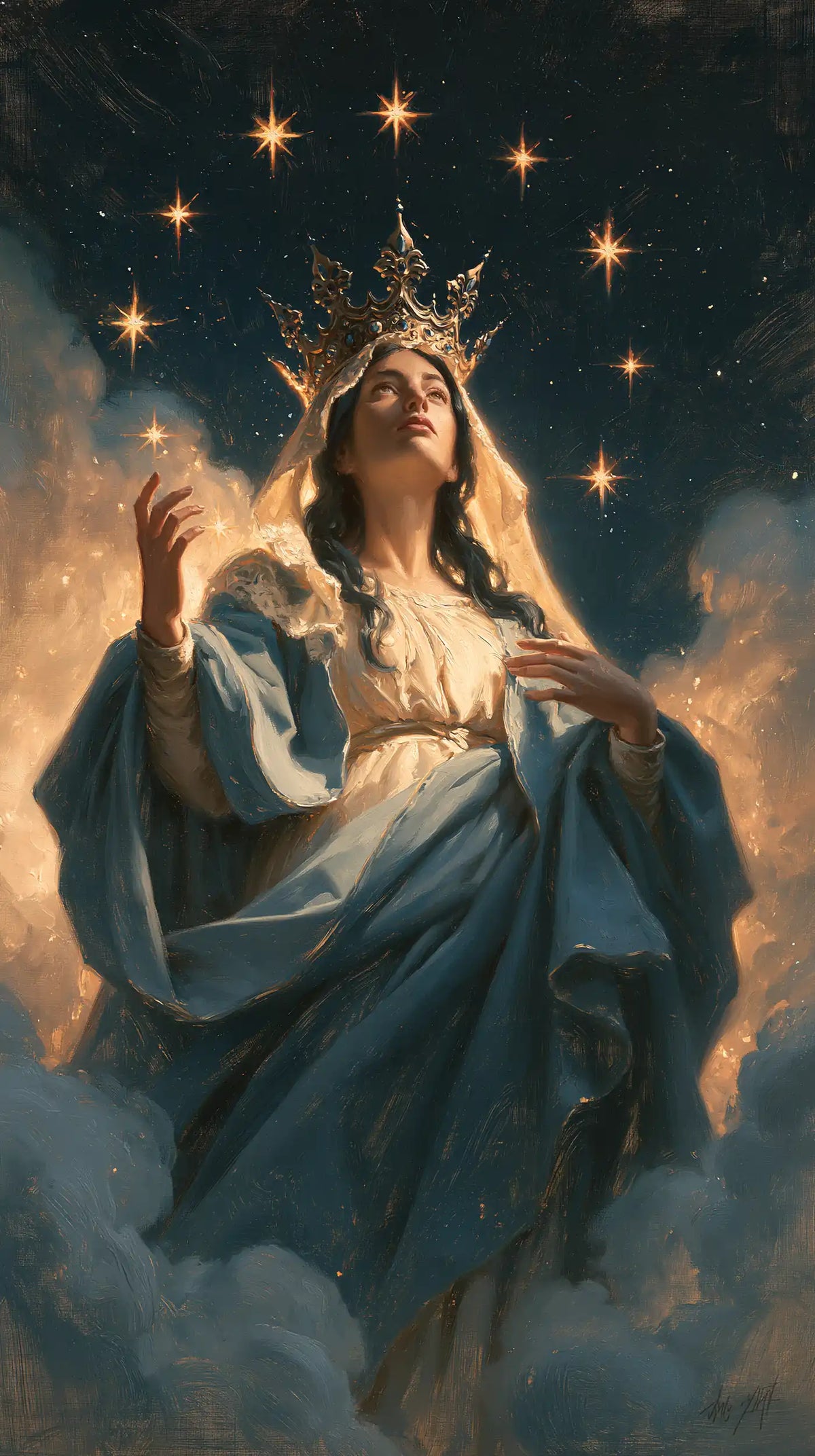Mary as Queen of Heaven in midnight-blue chiaroscuro in Midnight Blue Chiaroscuro style, portrait Christian artwork no. 2