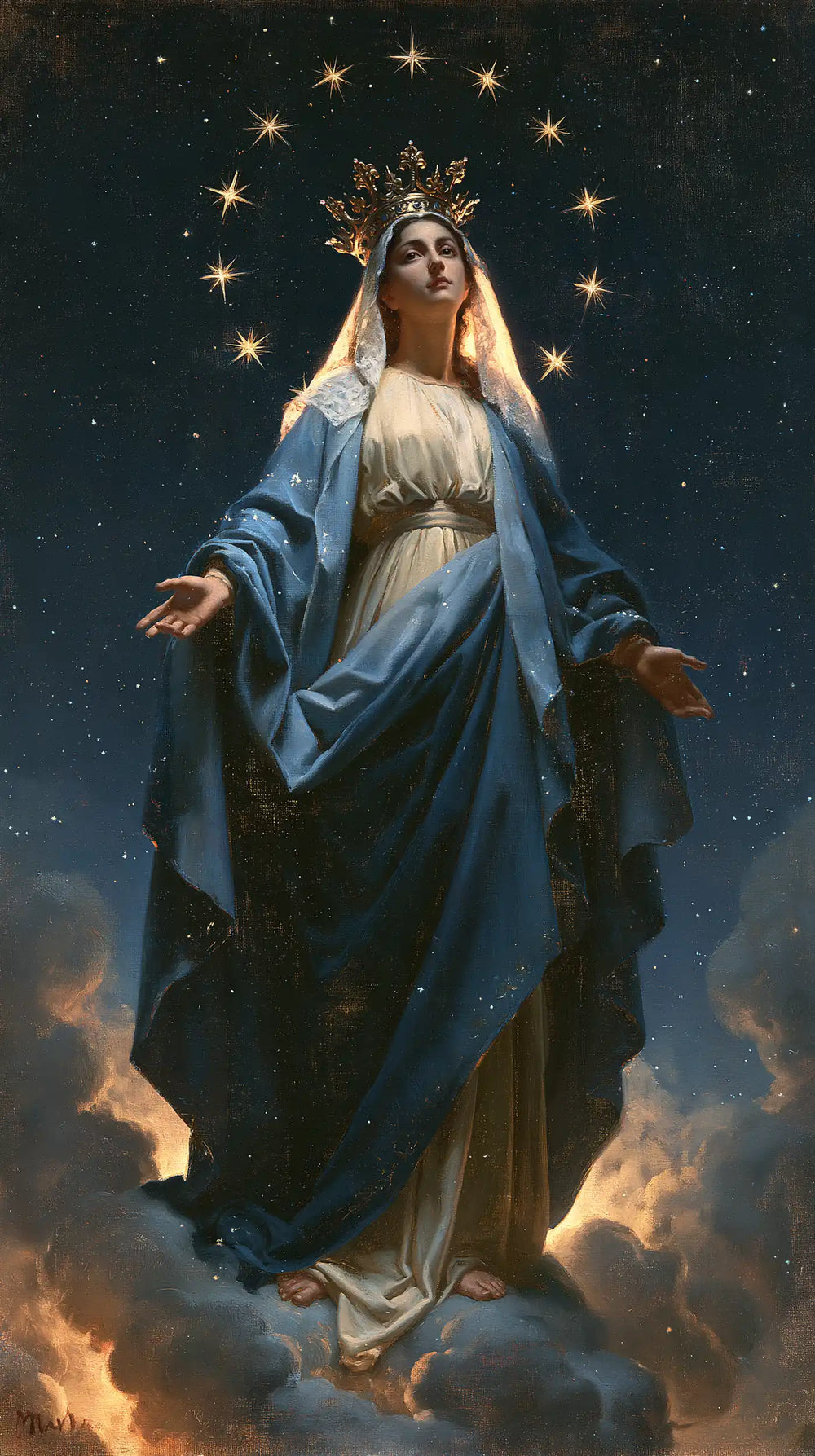 Mary as Queen of Heaven in midnight-blue chiaroscuro in Midnight Blue Chiaroscuro style, portrait Christian artwork no. 6