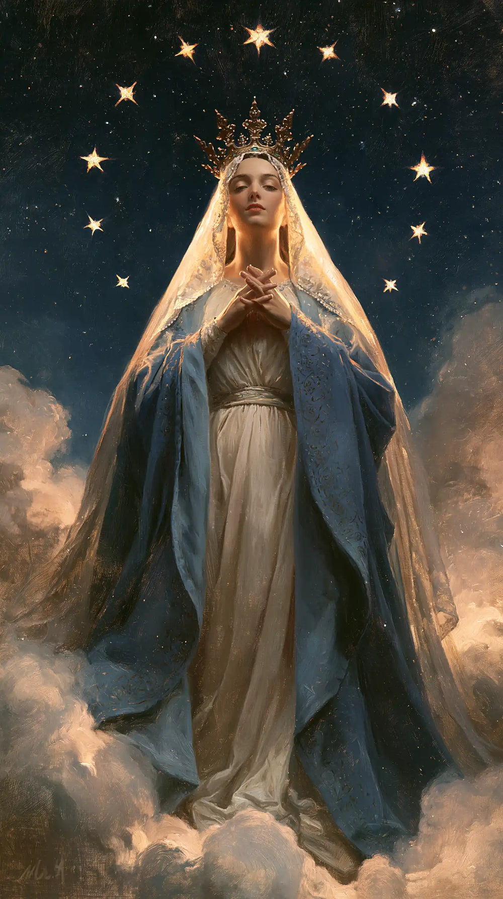 Mary as Queen of Heaven in midnight-blue chiaroscuro in Midnight Blue Chiaroscuro style, portrait Christian artwork no. 10