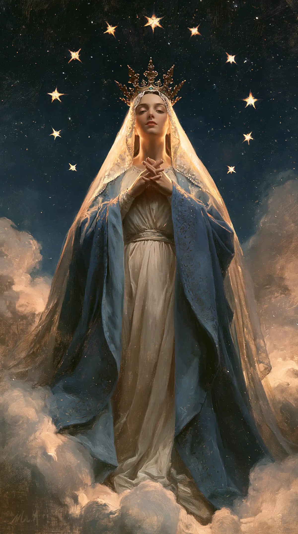 Mary as Queen of Heaven in midnight-blue chiaroscuro in Midnight Blue Chiaroscuro style, portrait Christian artwork no. 10