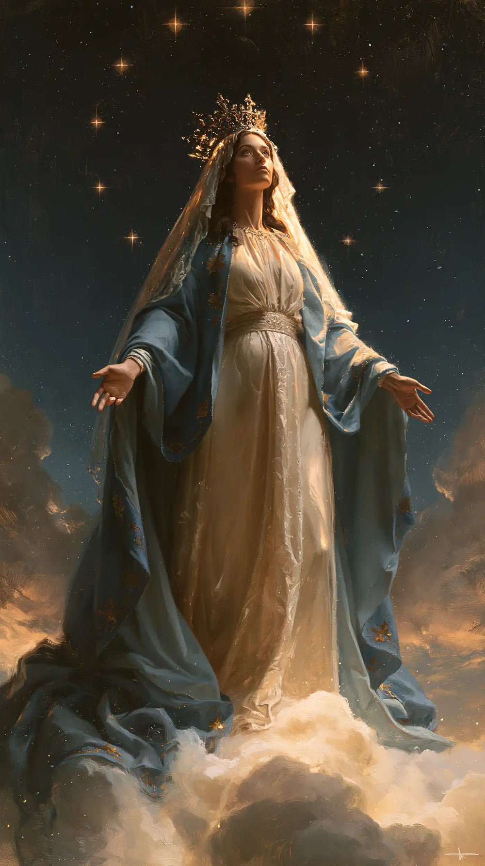 Mary as Queen of Heaven in midnight-blue chiaroscuro in Midnight Blue Chiaroscuro style, portrait Christian artwork no. 11