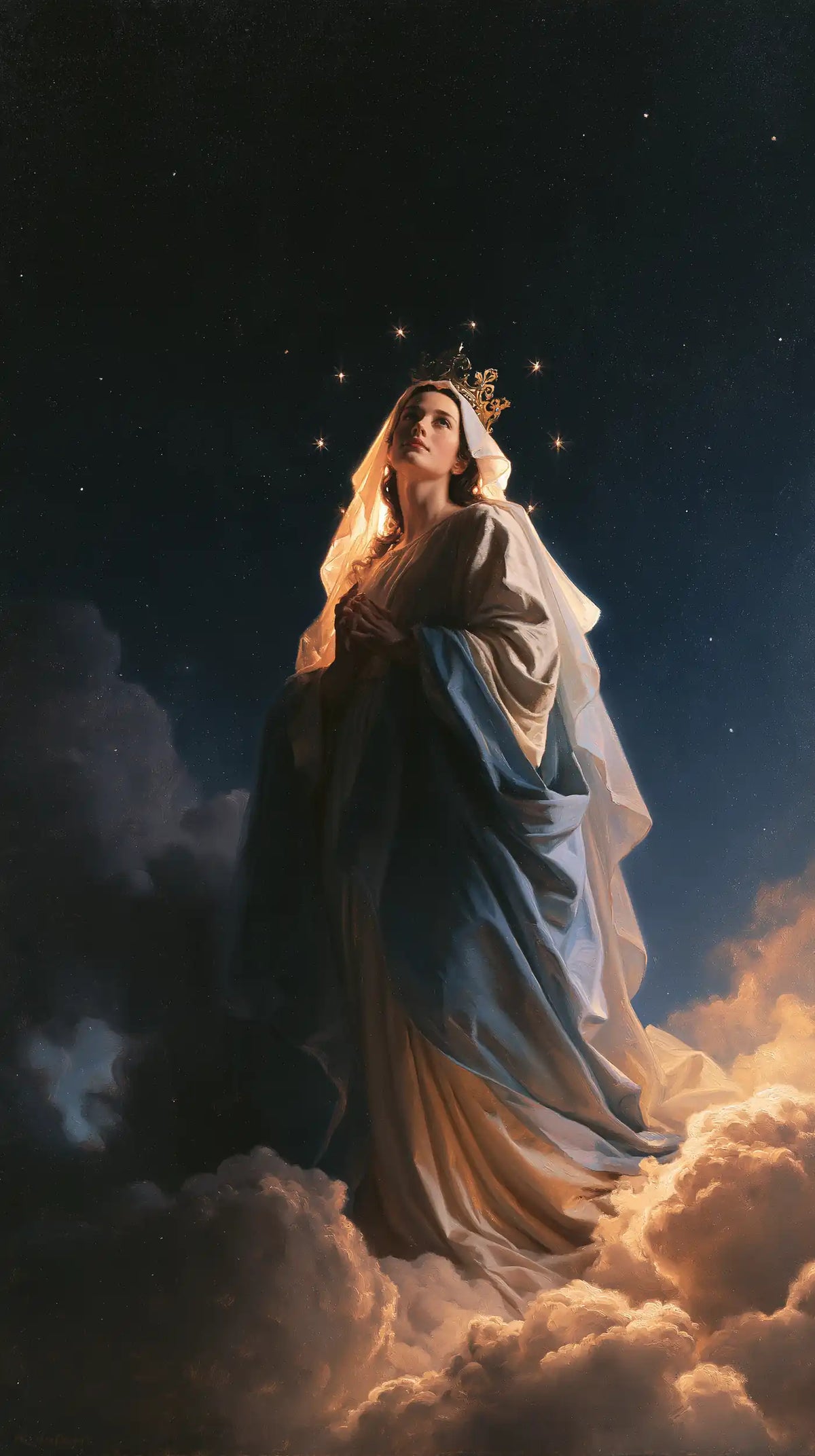 Mary as Queen of Heaven in midnight-blue chiaroscuro in Midnight Blue Chiaroscuro style, portrait Christian artwork no. 12