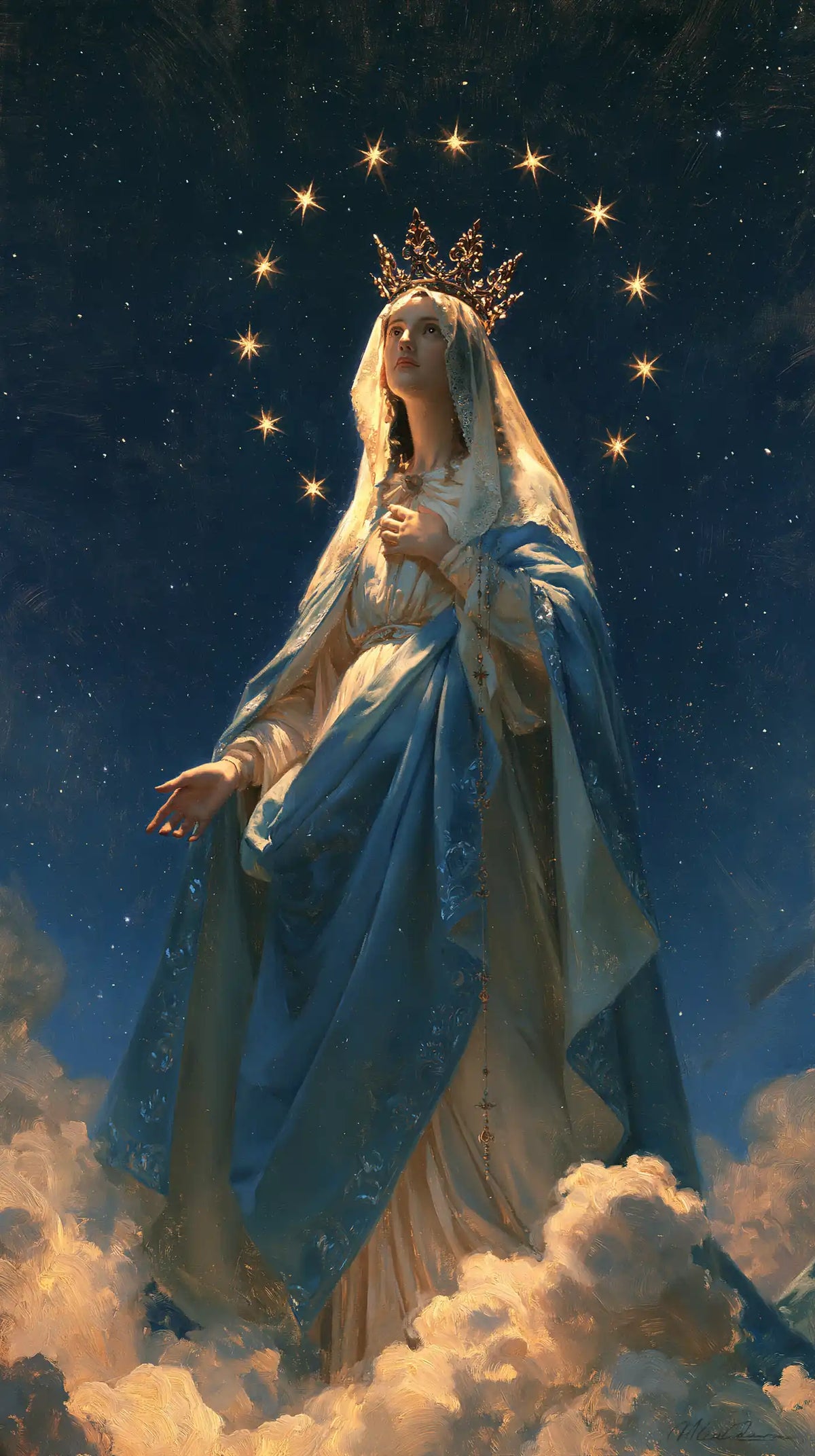 Mary as Queen of Heaven in midnight-blue chiaroscuro in Midnight Blue Chiaroscuro style, portrait Christian artwork no. 13