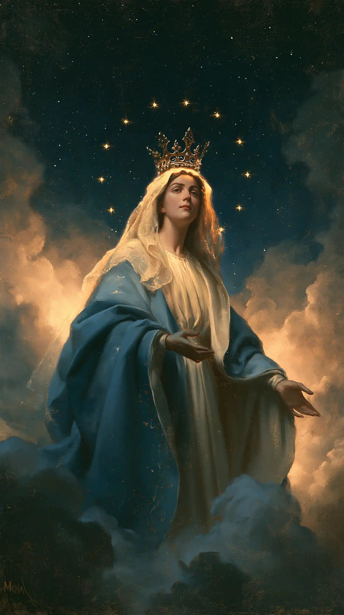 Mary as Queen of Heaven in midnight-blue chiaroscuro in Midnight Blue Chiaroscuro style, portrait Christian artwork no. 14