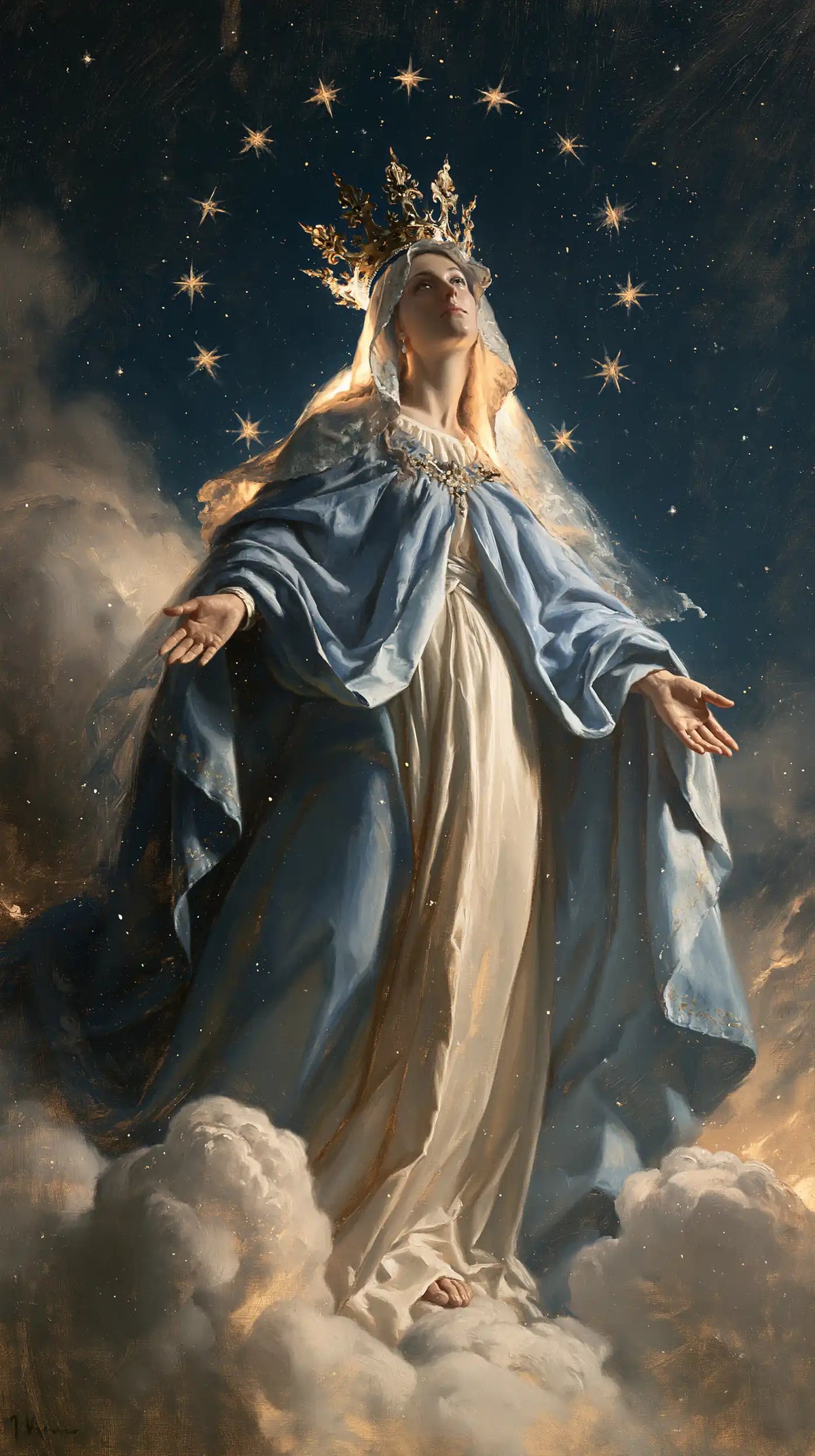 Mary as Queen of Heaven in midnight-blue chiaroscuro in Midnight Blue Chiaroscuro style, portrait Christian artwork no. 17