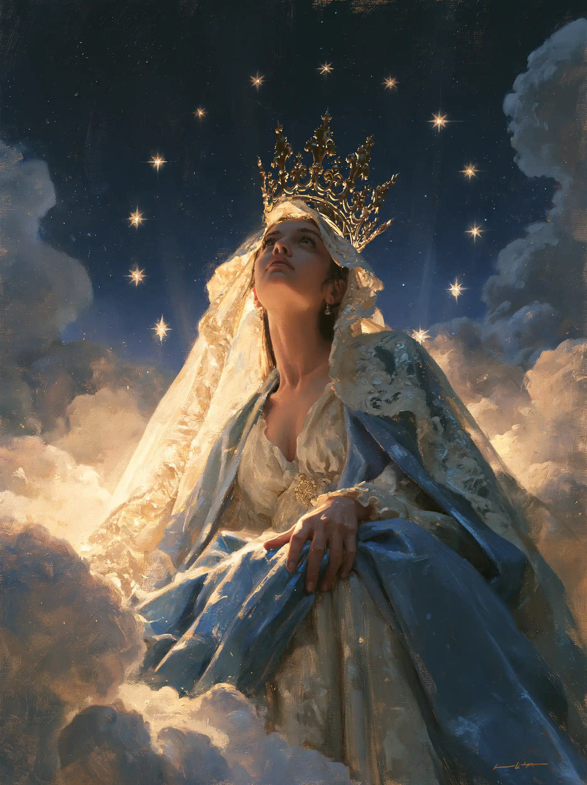 Mary as Queen of Heaven in midnight-blue chiaroscuro in Midnight Blue Chiaroscuro style, portrait Christian artwork no. 19