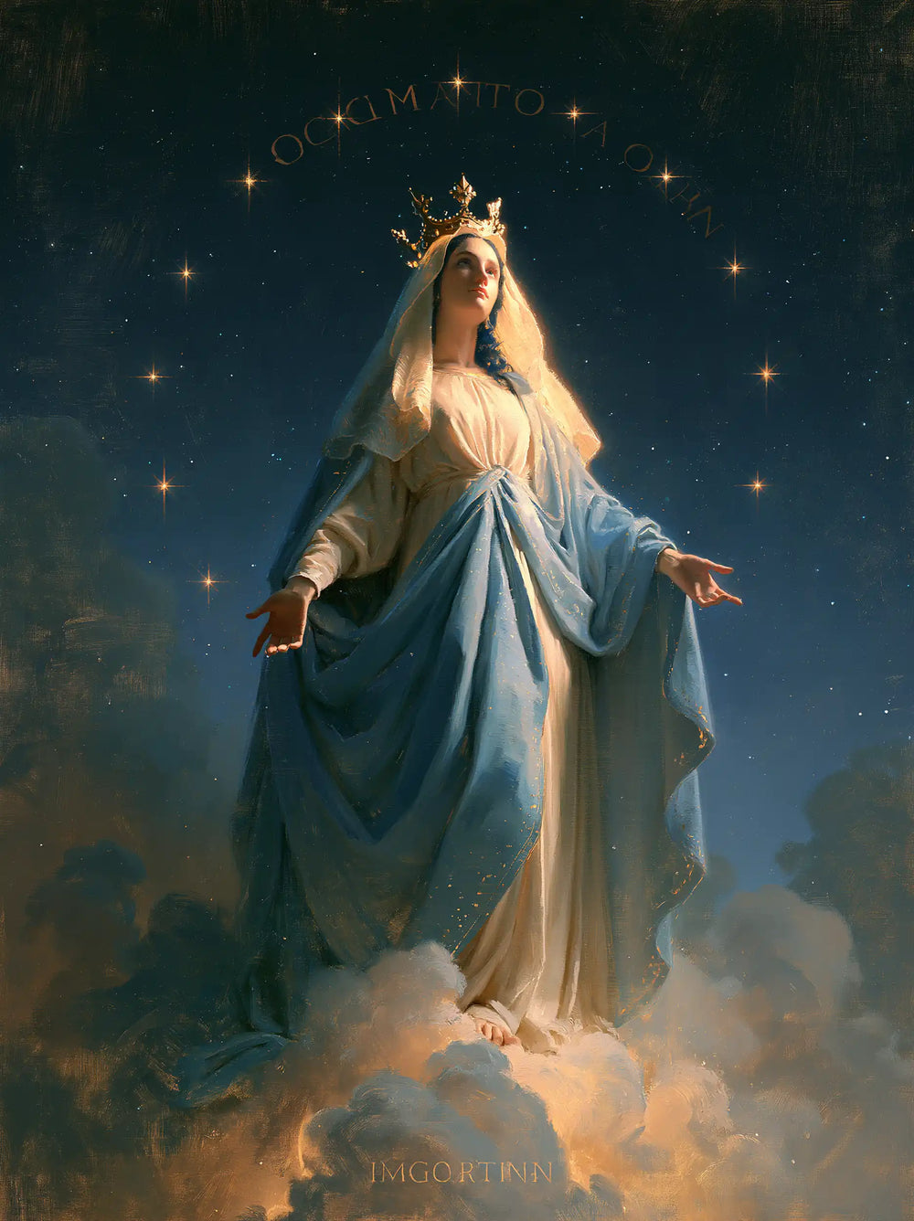 Mary as Queen of Heaven in midnight-blue chiaroscuro in Midnight Blue Chiaroscuro style, portrait Christian artwork no. 21