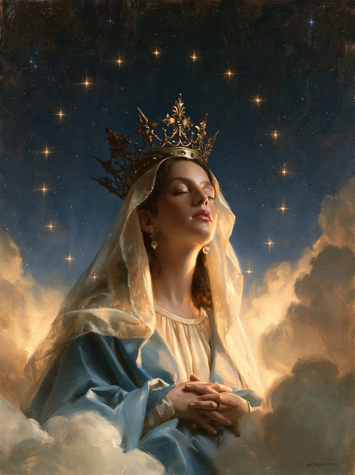 Mary as Queen of Heaven in midnight-blue chiaroscuro in Midnight Blue Chiaroscuro style, portrait Christian artwork no. 25