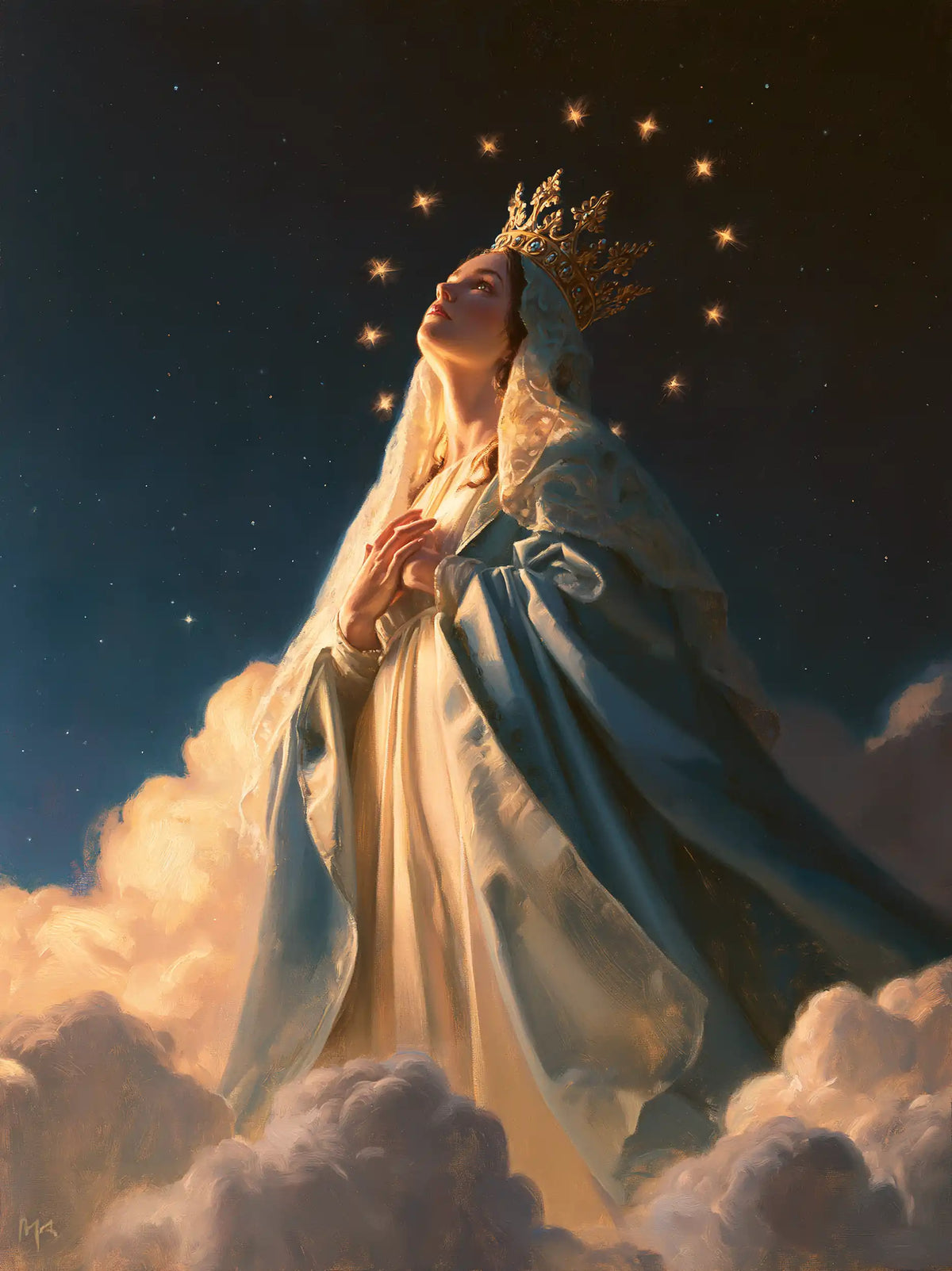 Mary as Queen of Heaven in midnight-blue chiaroscuro in Midnight Blue Chiaroscuro style, portrait Christian artwork no. 26