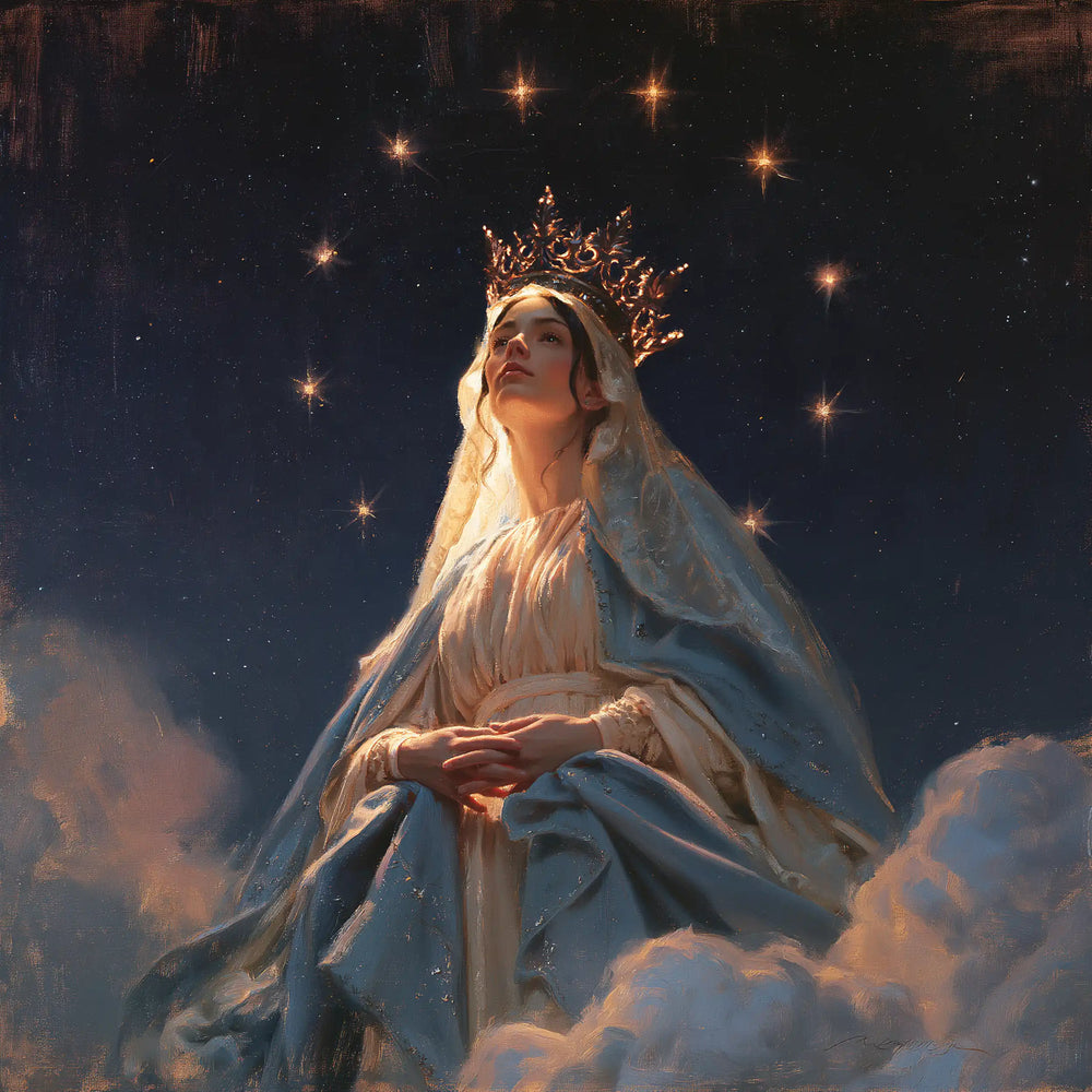 Mary as Queen of Heaven in midnight-blue chiaroscuro in Midnight Blue Chiaroscuro style, square Christian artwork no. 1