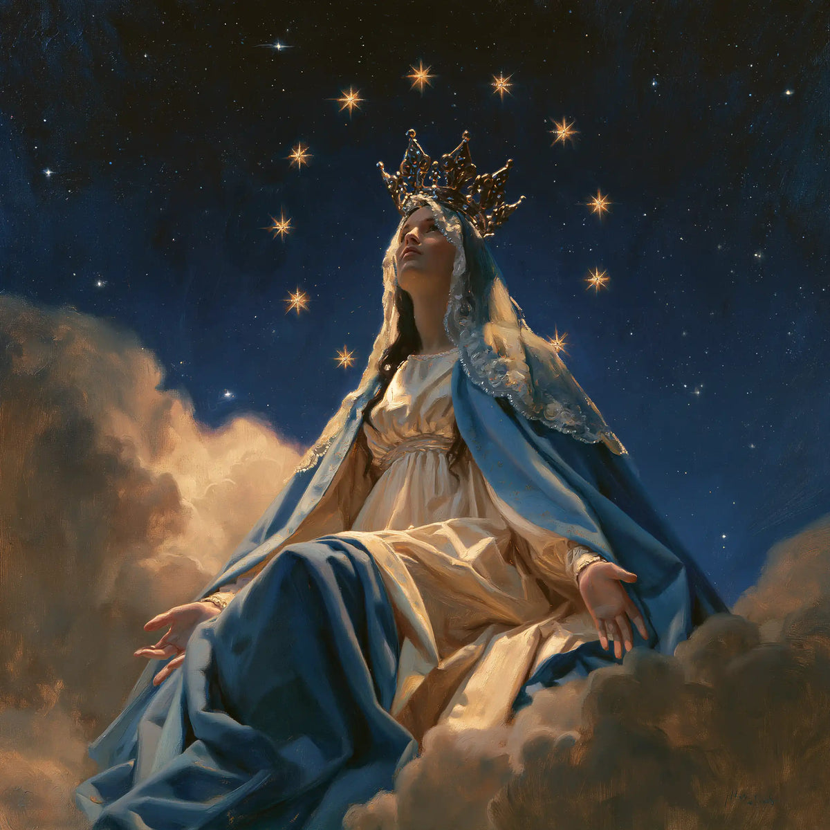 Mary as Queen of Heaven in midnight-blue chiaroscuro in Midnight Blue Chiaroscuro style, square Christian artwork no. 2