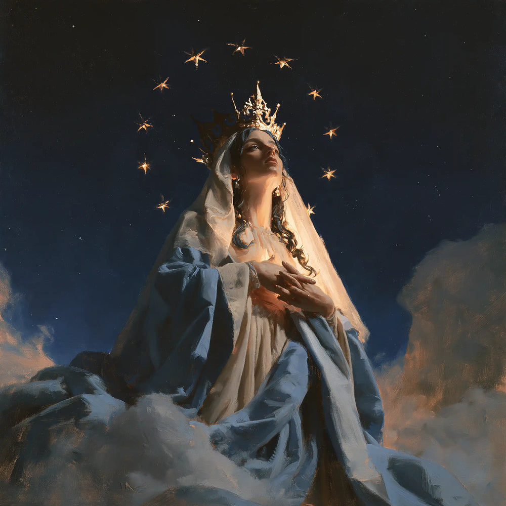 Mary as Queen of Heaven in midnight-blue chiaroscuro in Midnight Blue Chiaroscuro style, square Christian artwork no. 3