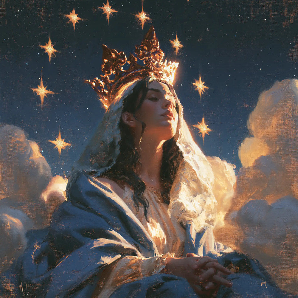 Mary as Queen of Heaven in midnight-blue chiaroscuro in Midnight Blue Chiaroscuro style, square Christian artwork no. 4