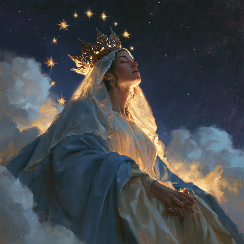 Mary as Queen of Heaven in midnight-blue chiaroscuro in Midnight Blue Chiaroscuro style, square Christian artwork no. 7