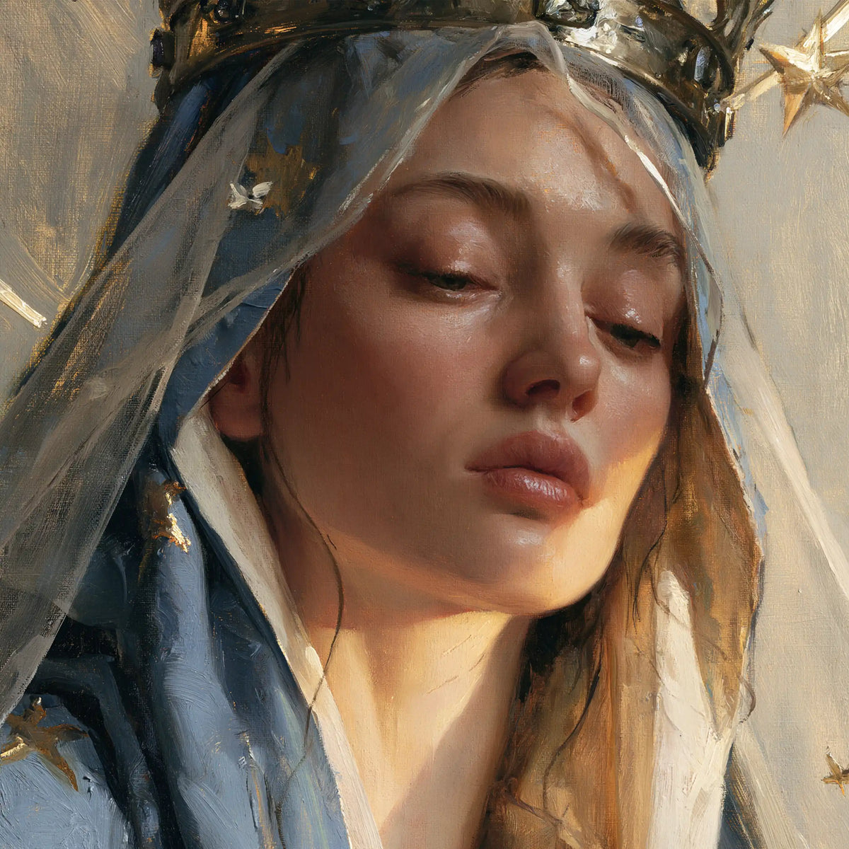 Mary, Queen of Heaven — Lowered Eyelids in the Neck’s Glow