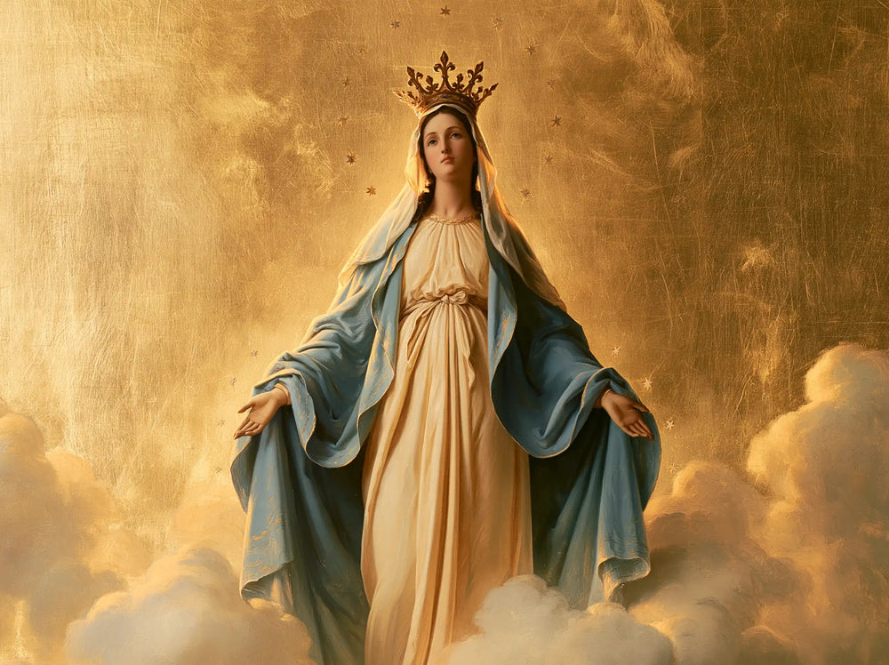 Mary crowned as Queen of Heaven in Sacred Gold style, landscape Christian artwork no. 2
