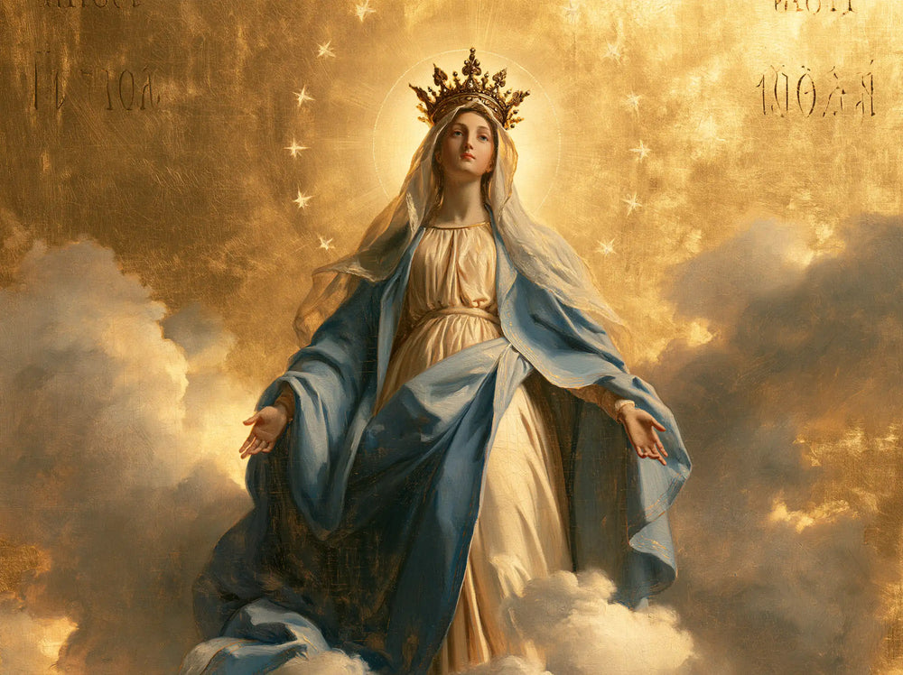Mary crowned as Queen of Heaven in Sacred Gold style, landscape Christian artwork no. 4