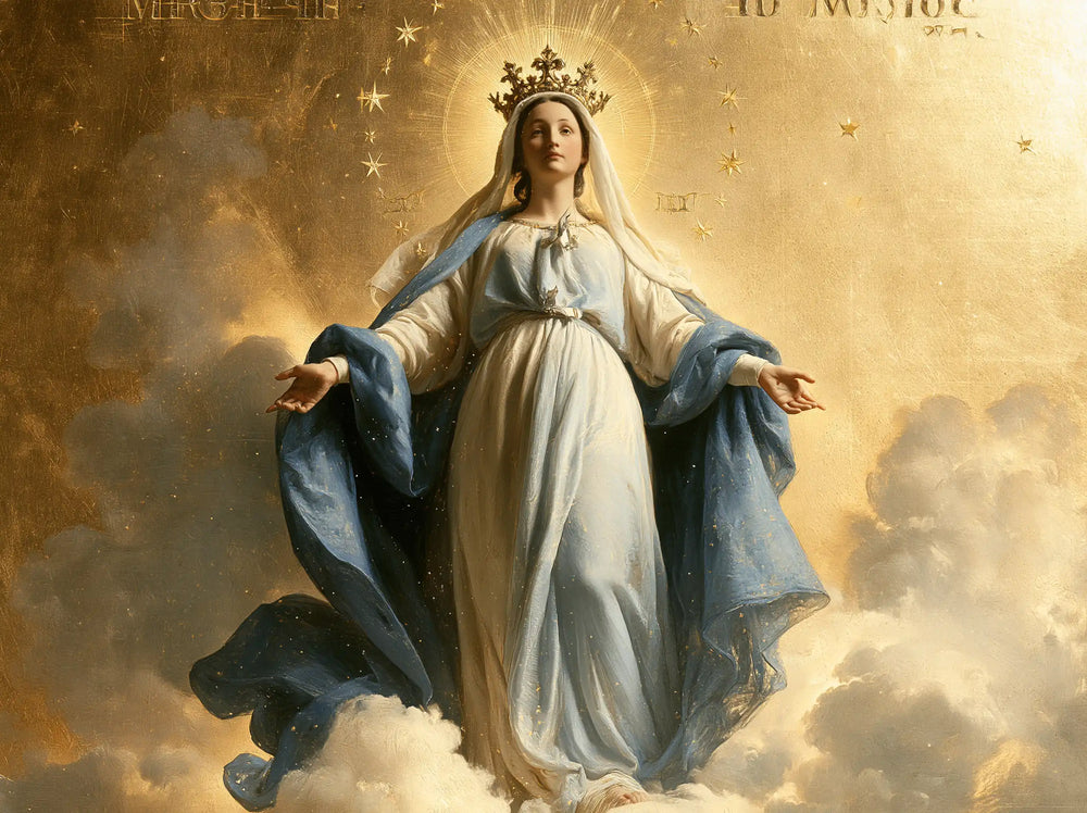 Mary crowned as Queen of Heaven in Sacred Gold style, landscape Christian artwork no. 10