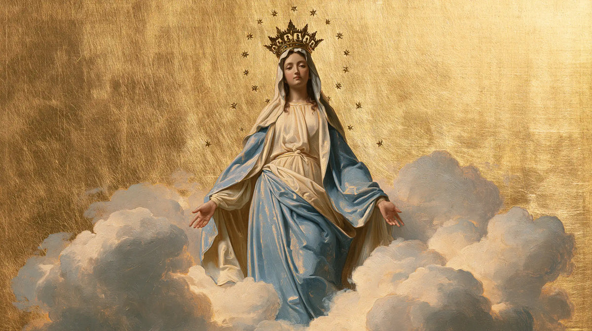 Mary crowned as Queen of Heaven in Sacred Gold style, landscape Christian artwork no. 14