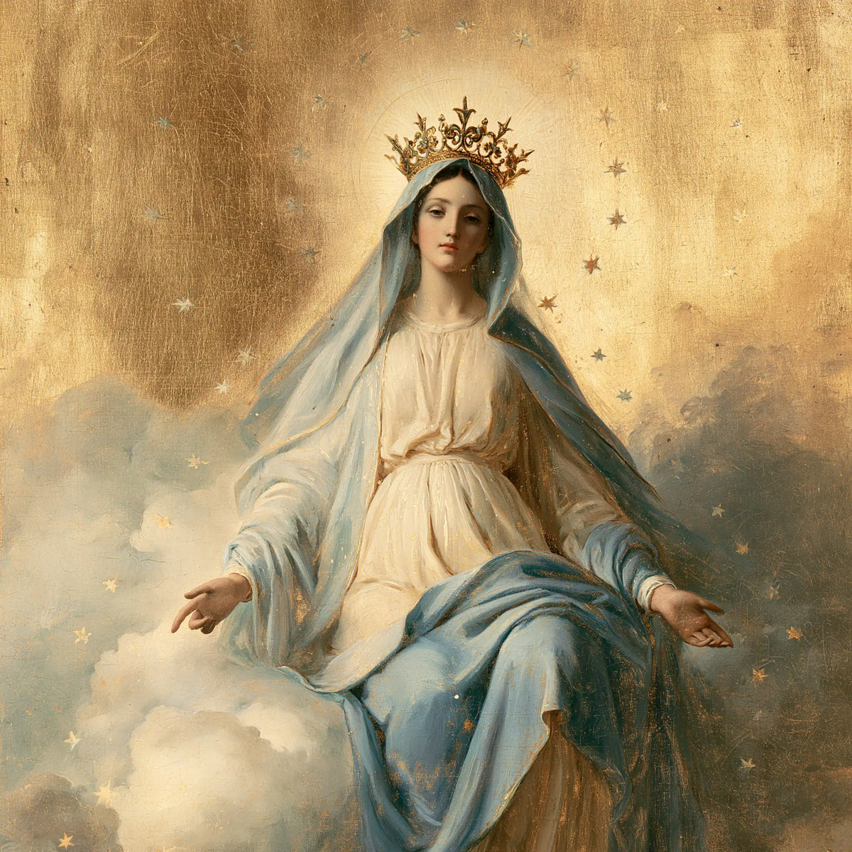 Mary crowned as Queen of Heaven in Sacred Gold style, square Christian artwork no. 2