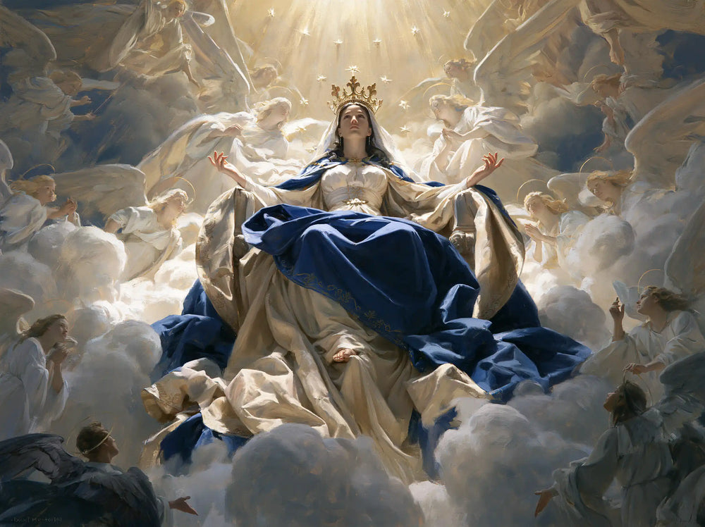 Mary as Queen of Heaven in a monumental sacred view in Sacred Monumental View style, landscape Christian artwork no. 5