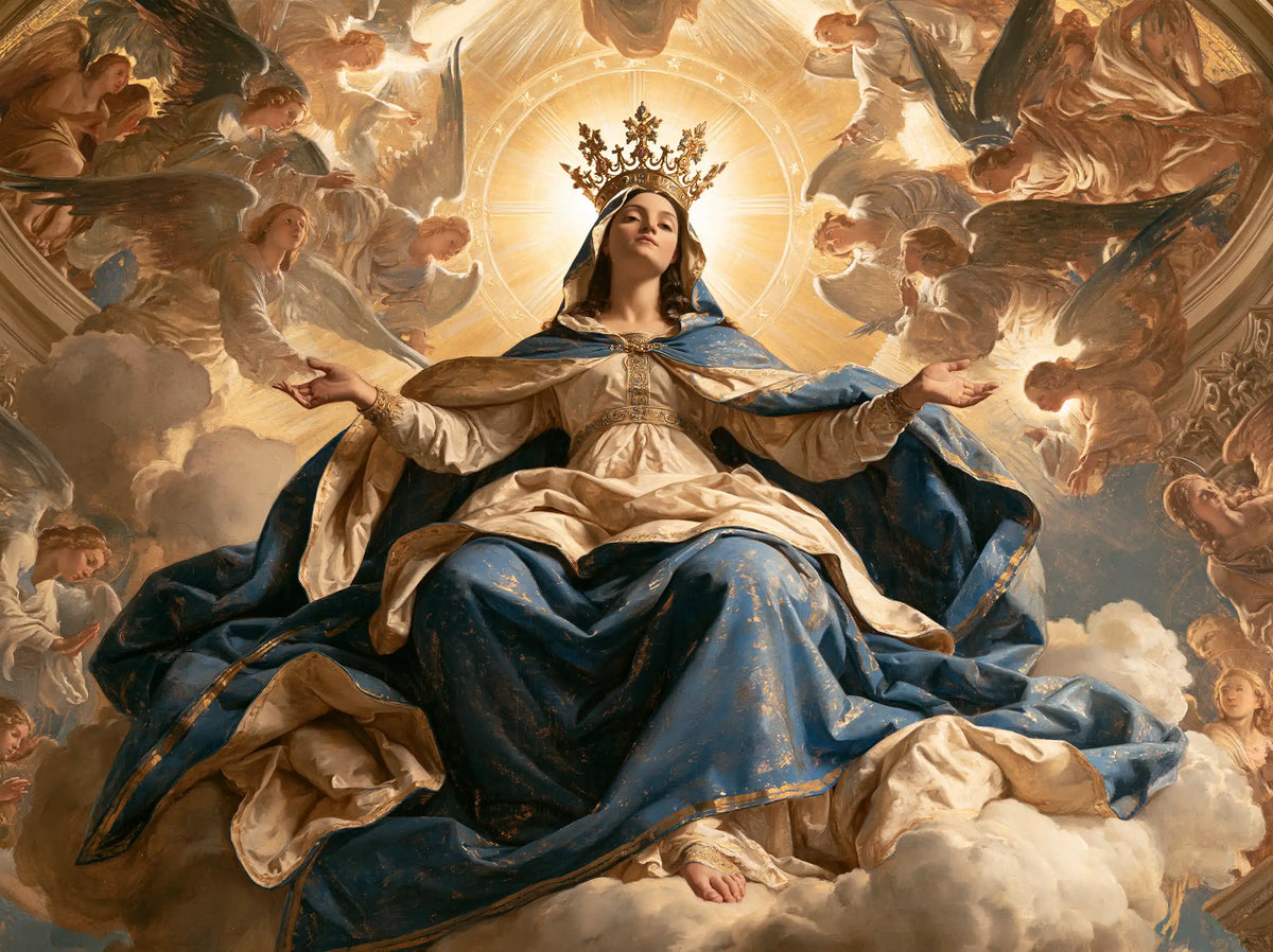 Mary as Queen of Heaven in a monumental sacred view in Sacred Monumental View style, landscape Christian artwork no. 6