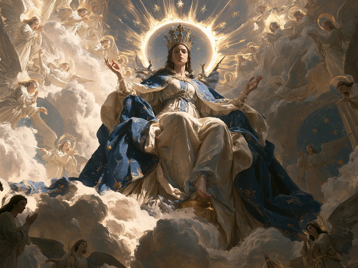 Mary as Queen of Heaven in a monumental sacred view in Sacred Monumental View style, landscape Christian artwork no. 8
