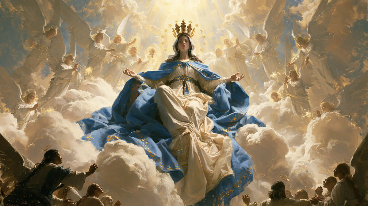 Mary as Queen of Heaven in a monumental sacred view in Sacred Monumental View style, landscape Christian artwork no. 14