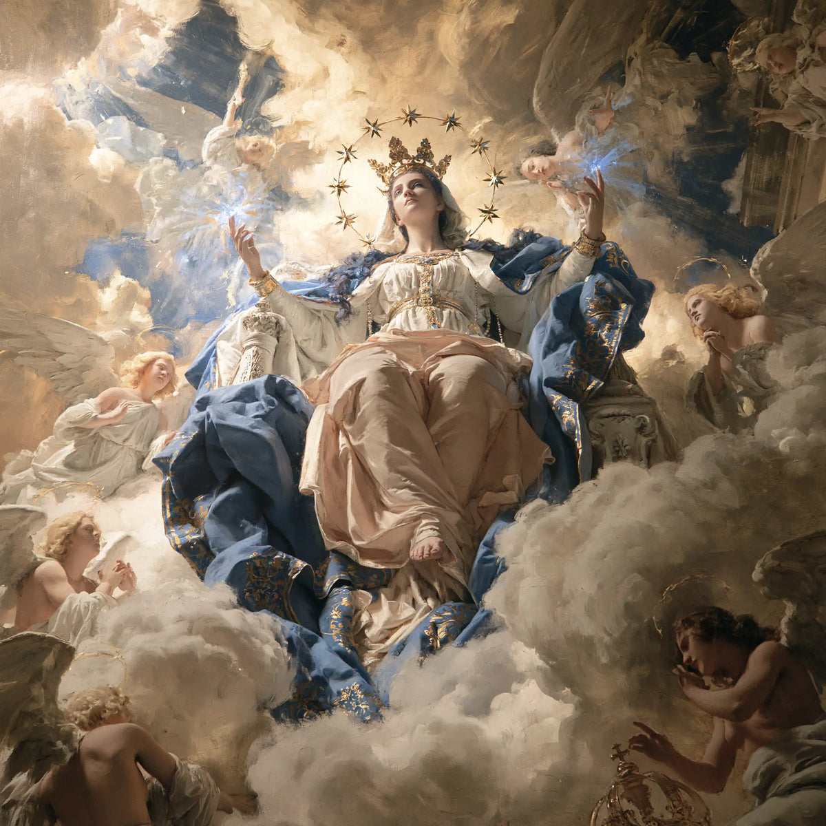 Mary as Queen of Heaven in a monumental sacred view in Sacred Monumental View style, square Christian artwork no. 2
