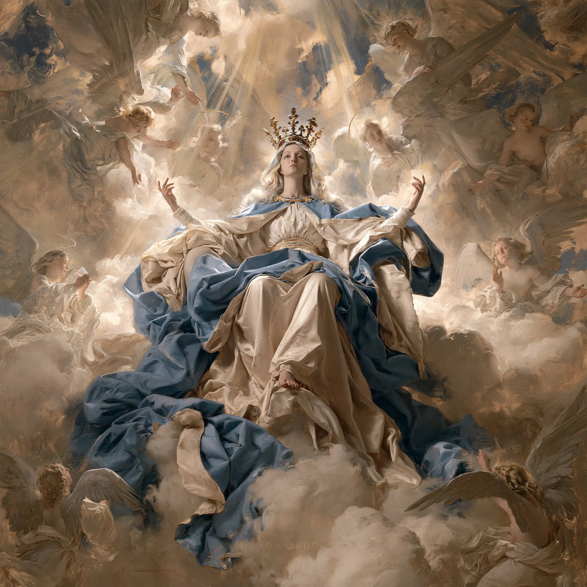Mary as Queen of Heaven in a monumental sacred view in Sacred Monumental View style, square Christian artwork no. 7