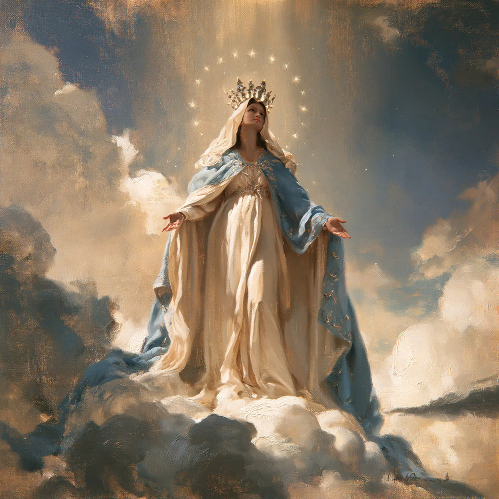 Mary as Queen of Heaven in sacred silence in The Silence of Heaven style, square Christian artwork no. 4