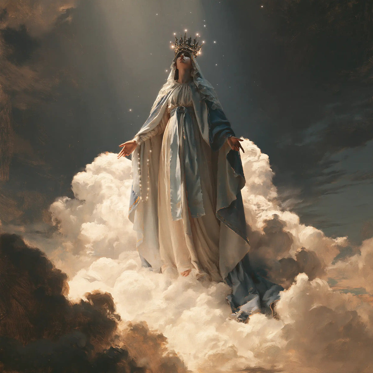 Mary as Queen of Heaven in sacred silence in The Silence of Heaven style, square Christian artwork no. 6