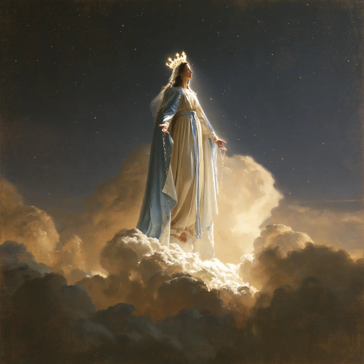 Mary as Queen of Heaven in sacred silence in The Silence of Heaven style, square Christian artwork no. 8