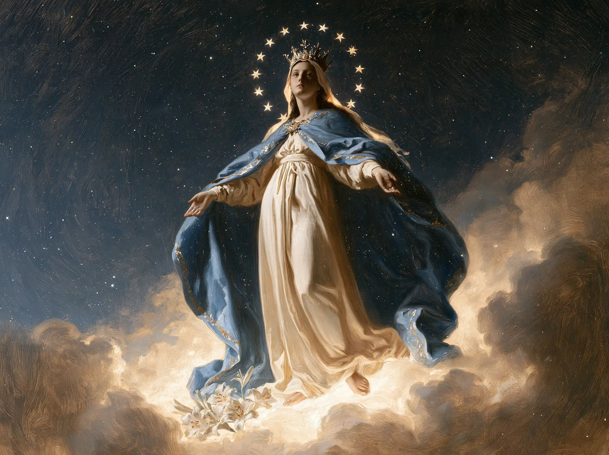 Mary as Queen of Heaven in a symbolist composition in Symbolist style, landscape Christian artwork no. 1